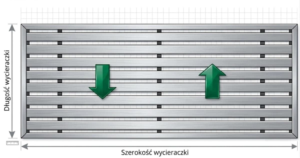 Schemat wymiarów wycieraczki – szerokość (światło drzwi) i długość (kierunek ruchu pieszych)